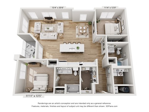 Floor plan for 2 beds, 2 baths, 1380 sqft